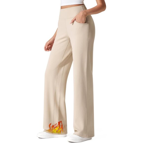 Fleece Lined Pants Women Wide Leg Work Trousers with Pockets High Waisted Sweatp - Picture 1 of 6